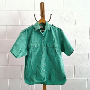 VTG 80s Simpatico Sportswear Teal Utility Safari Pilot Button Down Shirt